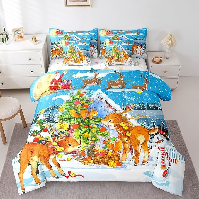 Christmas Decorations Bed in a Bag Xmas Deer Pine Tree Bed Set for Kids Boys Girls Merry Christmas Comforter Set with Sheets Winter Festival Present Bedding Set Bedding King Size