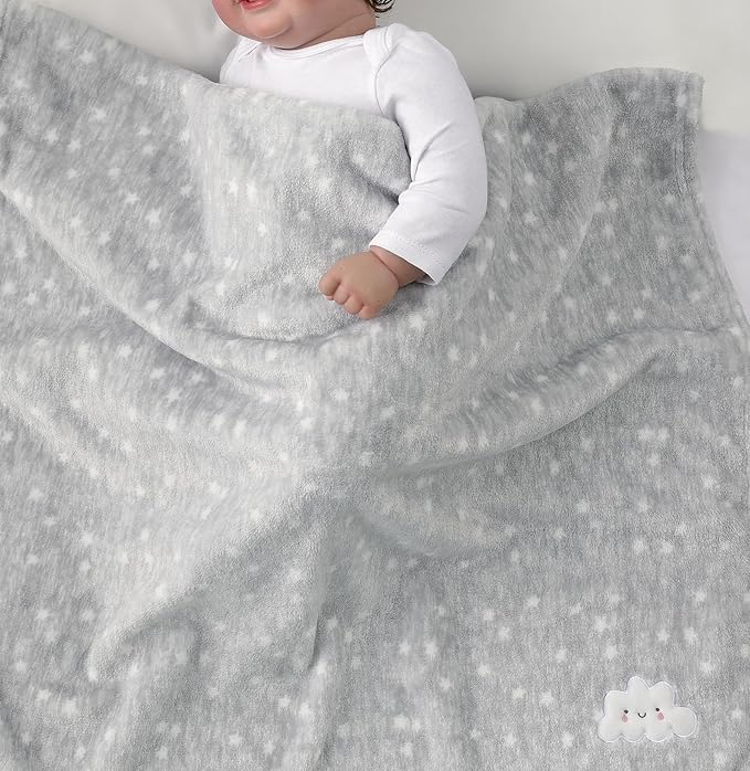 CREVENT 2Pcs 30''X40'' Cute Cozy Fluffy Warm Baby Blankets for Infants Toddlers' Bedding Crib Cot Stroller - Grey Cloud + Knit Blue