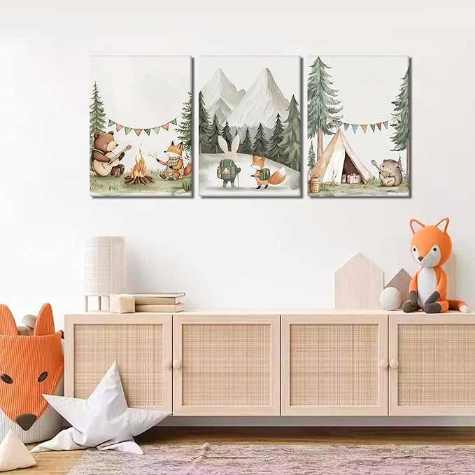 AKWISH Nursery Woodland Animals Canvas Wall Art, Cute brave Bear Fox Rabbit Hedgehog Nursery Wall Decor, Framed Wildlife Camping Picture Prints for Kids Room Baby Bedroom – 16x24in