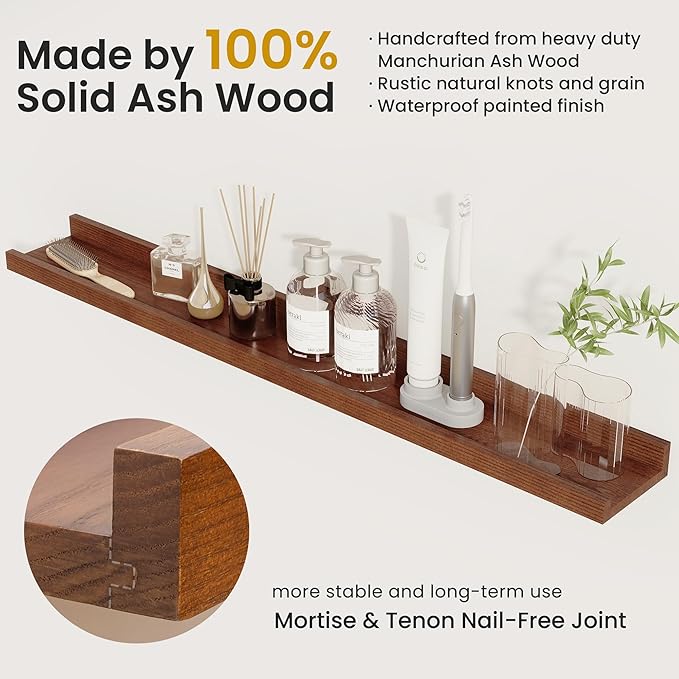 Solid Ash Wood Picture Ledge Shelf, 24 Inch Floating Shelves with Lip Set of 2, Photo Ledge Shelf Nursery Bookshelf Wall Mounted for Living Room Bedroom Decor, Walnut