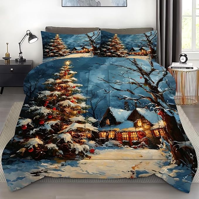 Christmas Comforter Set King: Winter Scenery Christmas Tree Bedding for Kids Girls Bedroom Festival Quilt 1 Comforter & 1 Pillowcase