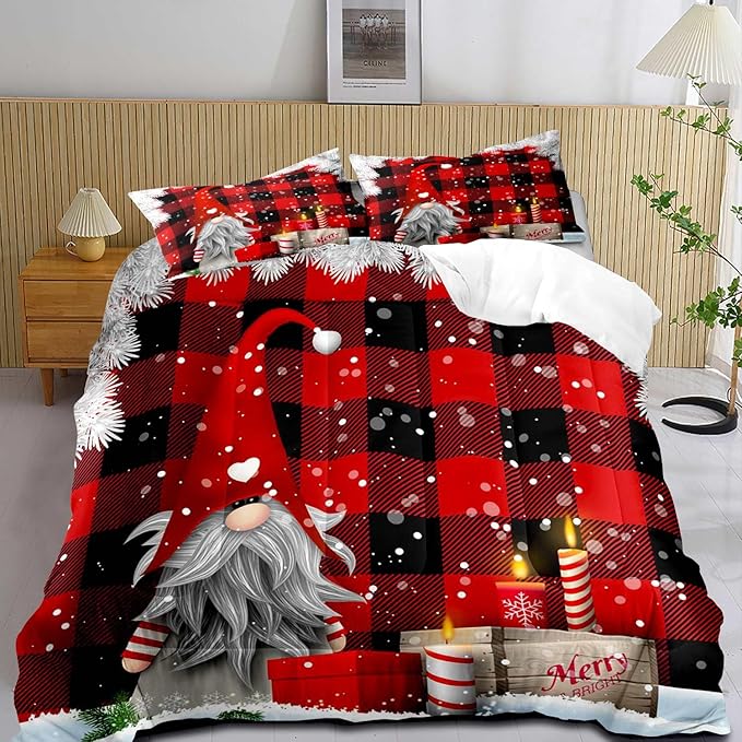 LUVIVIHOME 2PCS Merry Christmas Comforter Set Twin Size, Funny Gnome Bedding, Red and Black Plaid Winter Snowflake Christmas Bedroom Decor for Kids Boys Girls Teens Toddler, Xmas Gifts, 1 Pillow Sham