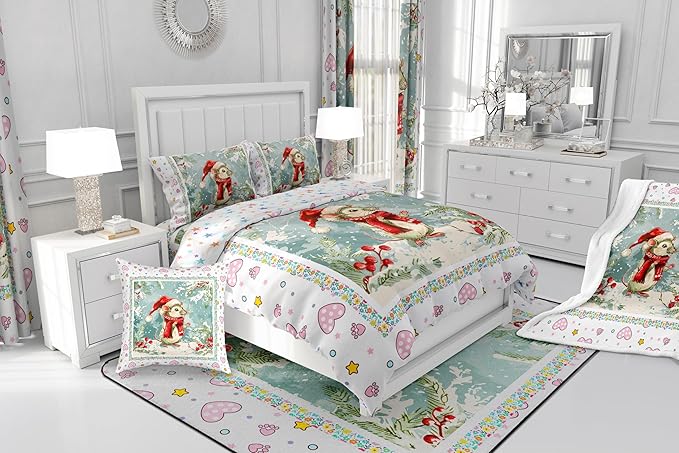 Feelyou Christmas Bedding Set Xmas Tree Snowflake Duvet Cover for Kids Boys Girls Cartoon Mouse Love Print Comforter Cover Cute Animal Bedspread Cover Bedroom Collection 3Pcs Full Size,No Comforter
