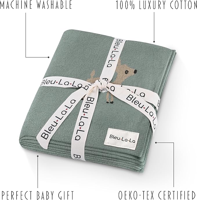 Soft Baby Swaddle Receiving Blanket - 100% Cotton Knit Soft Cozy Receiving Swaddling Quilt Blanket for Shower Gift Registry for Newborns, Infants, Toddlers (Deer - Sage)