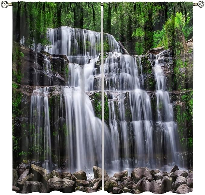 Natural Scenery Blackout Curtains, Spring Rustic Forest Waterfall River Landscape Window Drapes, for Bedroom Living Room 42" W X 63" L