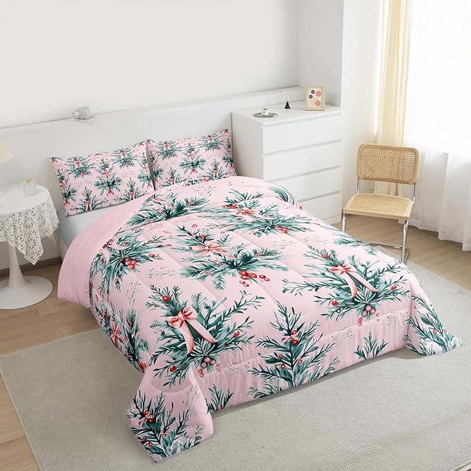 Feelyou Merry Christmas Kids Comforter Set Queen Size Green Xmas Tree Bedding Set Pink Bow Duvet Quilt for Kids Boys Girls Bedroom Decor Microfiber Ultra Soft Breathable