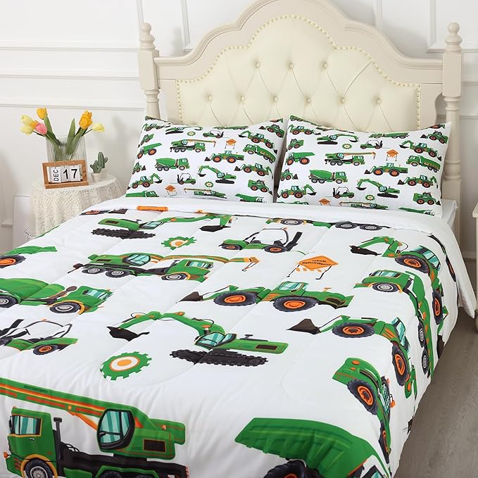 Comforter Set Green Tractor: Queen Size Cartoon Excavator Truck Car Bedding Sets for Boys Kids Teens Toddler Construction Vehicles Quilt Bed Set with 1 Comforter & 2 Pillowcases