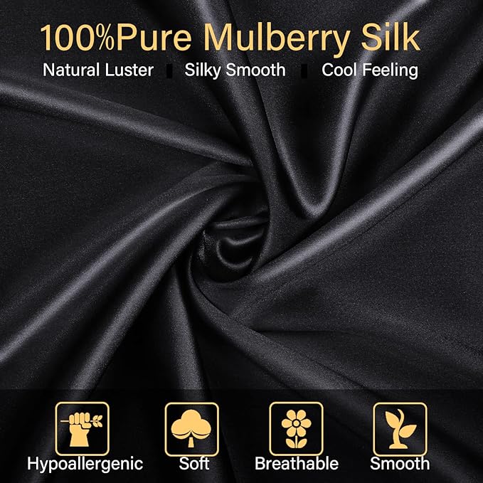 100% Mulberry Silk Pillowcase 2 Pack for Hair and Skin,with Hidden Zipper,Both Sides 22 Momme Natural Silk Pillow Cover,Soft Breathable & Smooth (Black, Standard)