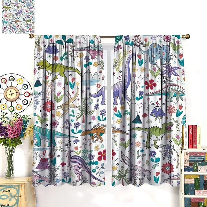 Dinosaur Curtains Cartoon Cool Funny Dino Tropical Plant Leaves Flowers Aesthetics Art Print for Kids Boys Bedroom Living Room Rod Pocket Decoration Window Drapes 2 Panels W31.5xL72in