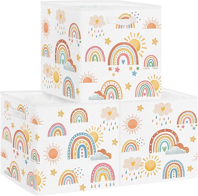 Clastyle Rainbow Kids Storage Cube Organizer Set Boho Closet Clothes Cube Storage Bin Nursery Toddler Toy Box Chest Boys Girls Book Shelf Basket,Sun,11.8x11.8x11.8 in
