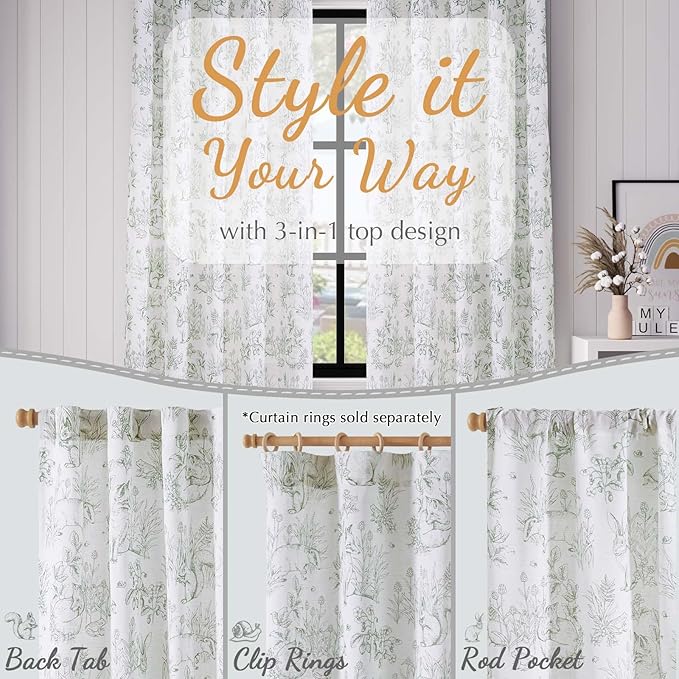 jinchan Linen Nursery Curtains 63 inch Long Woodland Wildlife Sage Green Print Drapes for Kid's Room Light Filtering French Country Farmhouse Curtains with Bunny and Forest Design Set of 2 Panels