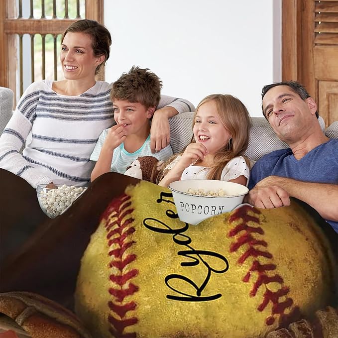 Custom Baby Softball Blanket with Name Number: Personalized Fluffy and Warm Gift for Baby Toddler Kids and Adults Birthday Skin-Friendly Flannel Fabric(60"x80")