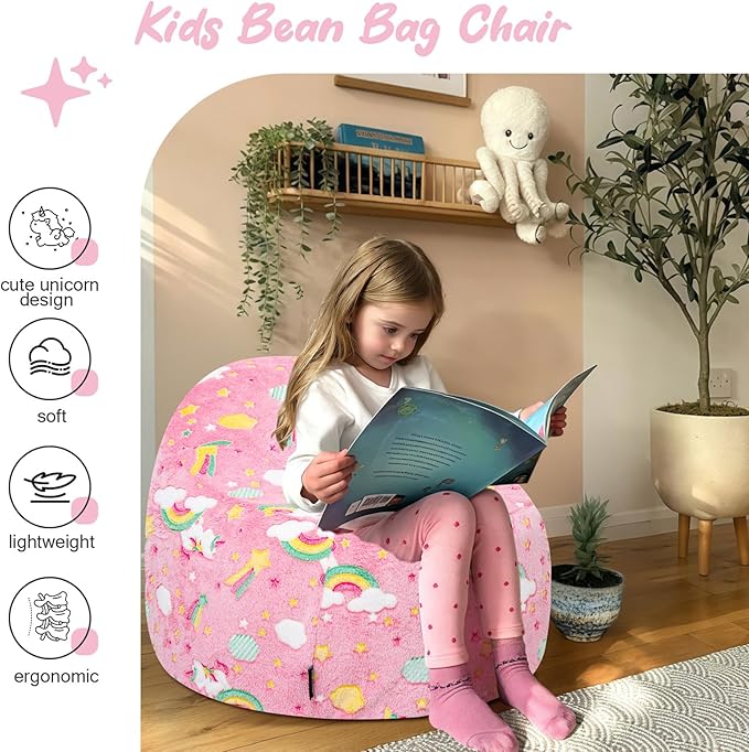 COMAX Bean Bag Chairs for Kids, Unicorn Toddler BeanBag Sofa with Filler Bean Couch Stuffed for Boys and Girls, Lazy Floor Chair Colorful Unicorn