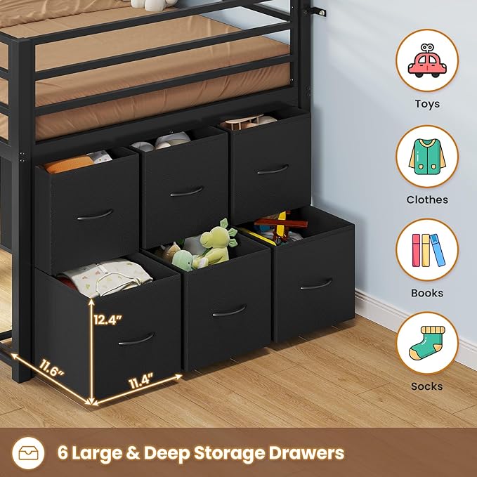 BTHFST Low Loft Bed Twin Size with 6 Storage Drawers, LED Lights, 2 Tier Storage Shelves, Kids Metal Loft Bed with 15" H Stairs & Safety Guardrail, Spave Saving, Black