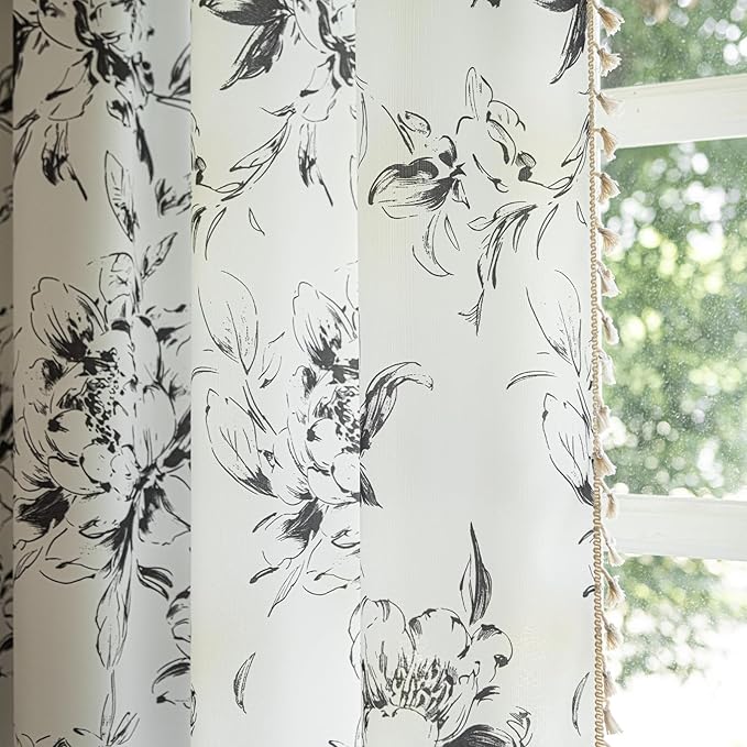 ENJOYBRIDAL Floral Curtains 96 Inches Semi Sheer Living Room Drapes Boho Bedroom Rod Pocket Long Window Curtain Panels Cute Patterned Light Filtering Farmhouse 2 Panels Window Treatments