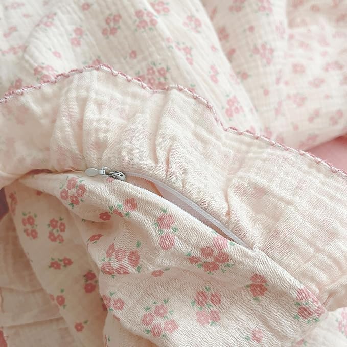 BuLuTu Girls Baby Duvet Cover Pink Flower Duvet Covers Muslin Cotton Toddler Kids Duvet Cover Quilted Protector, 47"x59", Galsang Print (No Filling)
