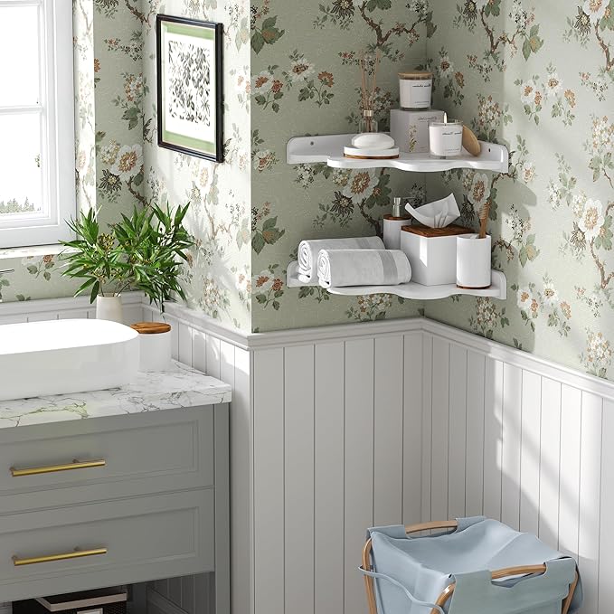 Cloud Corner Shelf Wall Mount, 2-Tier Floating Wavy Corner Wall Shelves with Cord Hole, White Funky Corner Shelves for Kid’s Room, Cute Shelves Display for Nursery,Bedroom,2 Sizes in One Set.