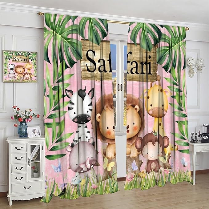 Kids Safari Animals Curtains, Cartoon Wildlife Tropical Leaf Pink Blackout Window Treatments, Rod Pocket Thermal Insulated Drapes 2 Panel Sets for Bedroom Nursery Classroom, 42" W X 54" L