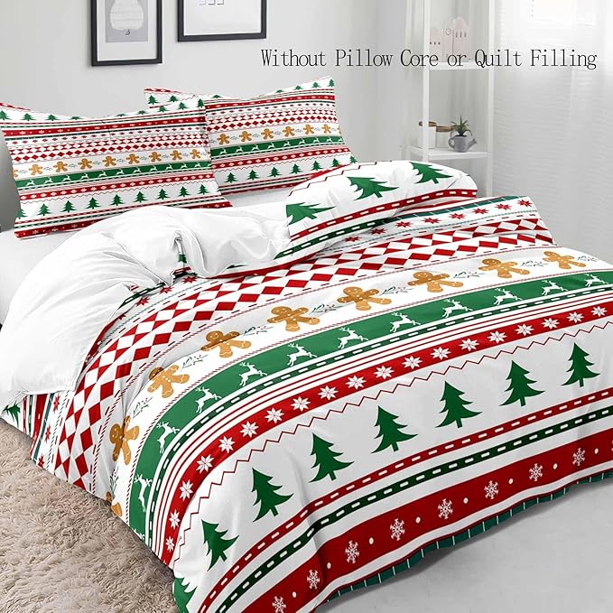 LUVIVIHOME 2PCS Christmas Duvet Cover Twin Bedding Sets, Gingerbread Man Christmas Tree Snowflake Poinsettia Reindeer Winter Holiday Xmas Gifts Red Green White Striped Comforter Cover, 1 Pillow Sham