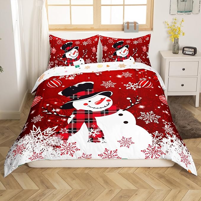 Manfei Snowman Duvet Cover Set King Size, Snowflake Balloon Xmas Decor Comforter Cover with 2 Pillowcases, Christmas Red Bedding Set 3pcs for Kids Boy Girls Lightweight Bedspread Cover,No Comforter