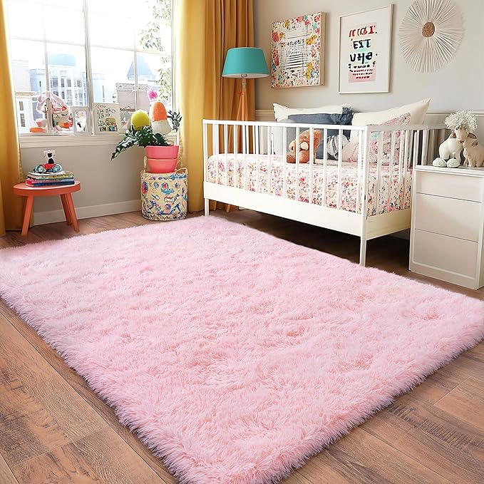 Pink Rug for Living Room, 8x10 Area Rug for Cute Girls Room, Bedside Indoor Floor Fluffy Shag Carpet, Plush Soft Rug for Bedroom Nursery Dorm Home Decor