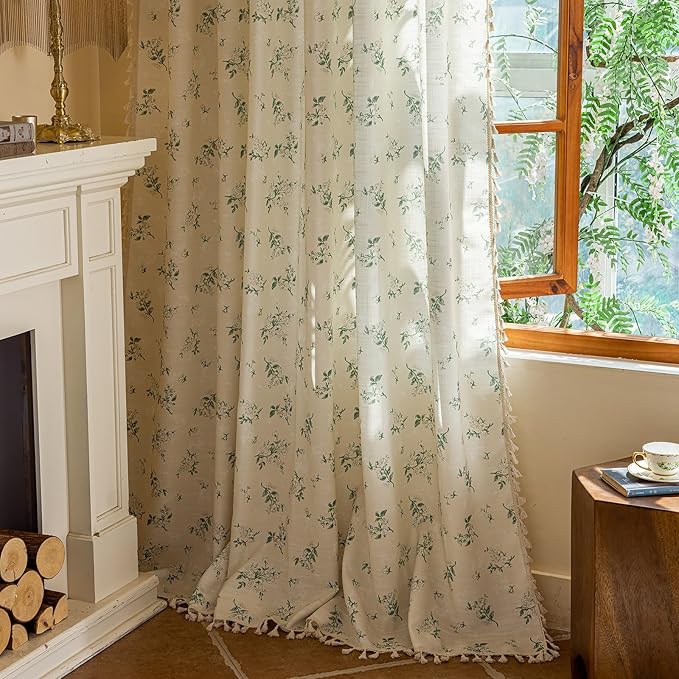 ENJOYBRIDAL White Floral 96 Inch Curtains 2 Panel Set Bedroom Tassel Drapes Boho Decor Semi Sheer Long Window Curtain Panels Living Room Rod Pocket Patterned Cute Rustic Window Treatments