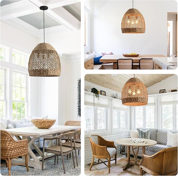 19.7" Rattan Light Large Pendant Light Fixture,Boho Coastal Ceiling Hanging Woven Wicker Chandelier of Farmhouse Living Room Kitchen Island Dining Room, Hallway