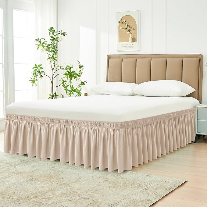 Biscaynebay Wrap Around Bed Skirts for Queen Beds 19" Long Drop, Sand Adjustable Elastic Dust Ruffles Easy Fit Wrinkle Resistant Silky Luxurious Fabric Machine Washable