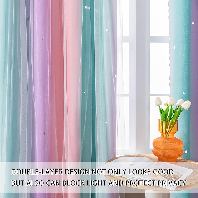XiDi Girl Blackout Curtains for Bedroom Living Room 84 Inch Length 2 Panels Set Rainbow Pink Curtains Room Darkening Thermal Insulated Grommet Window Drapes Princess Nursery Pink Purple Green 42x84