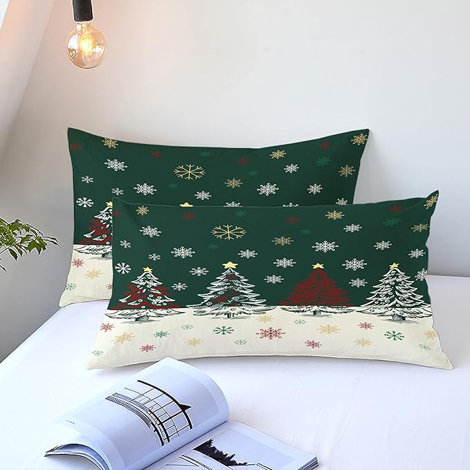 Christmas Duvet Cover King Size Green Christmas Tree Bedding Set 3 Pieces Kids Boys Girls Xmas Holiday Cartoon Snowflake Comforter Cover with Zipper Closure