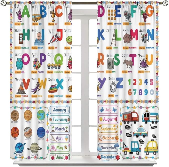 Alphabet Curtain for Kids Room ABC Letter Educational Learning Animal Number Printed Rod Pocket Blackout Window Drapes for Bedroom Playroom Classroom 55" W X 63" L