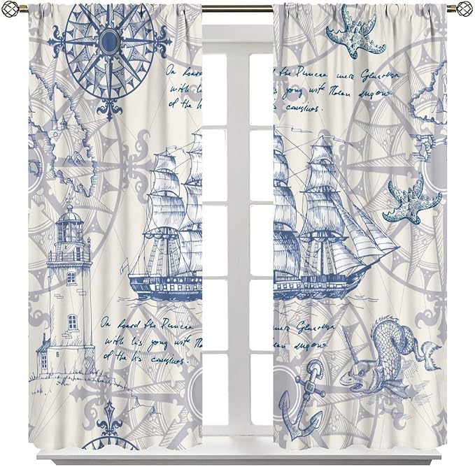 Nautical Sailboat Map Curtain,Ship Compass Lighthouse Anchor Decorative Curtain Polyester Fabric Waterproof Bedroom Curtain Set 2 Panels,55x63 Inches