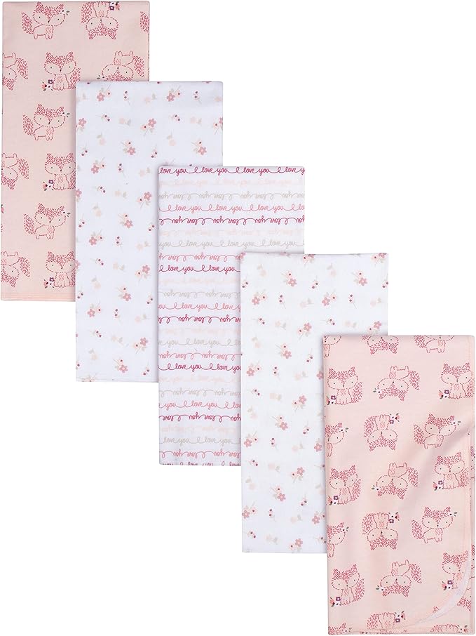Gerber Boys and Girls Newborn Infant Baby Toddler Nursery 100% Cotton Flannel Receiving Swaddle Blanket, Foxes White, Pack of 5