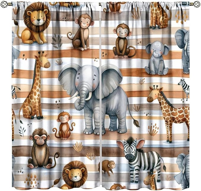 Kids Animal Curtains Elephants Giraffes Monkeys Lions Zebras Window Treatment for Kids Boys Girls Nursery Baby Bedroom Playroom Home Decor Window Drapes 42" W X 63" L