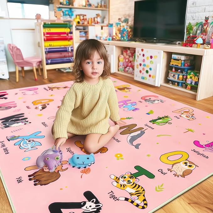 Kids Rugs for Playroom, 7x9 Feet Educational Rug for Learn The ABC Alphabet, Soft Machine Washable Non-Slip Cute Cartoon Animals Carpet for Classroom Toddler Nursery Kids Room Decor, Pink