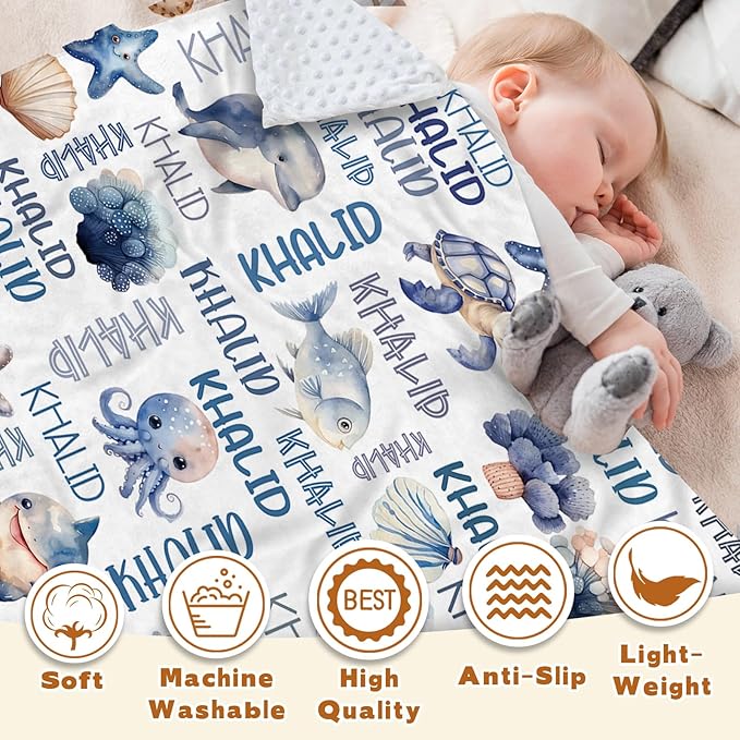 Personalized Baby Blanket with Name, Customized Blanket for Newborn Boys Girls, Ocean Animals Flannel Baby Name Blanket with Dotted Backing, Receiving Swaddle, Gifts for New Parents(60" x80)