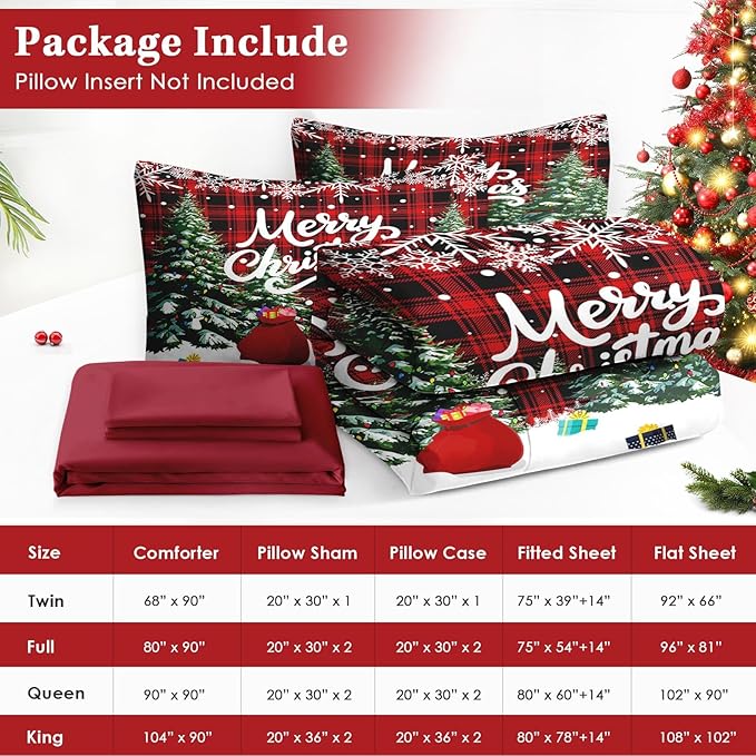 5 Pcs Twin Size Christmas Comforter Set with Pillowcase & Sham, Green Cartoon Trees Bedding for Kids and Adults, Black Red Plaid Bed in a Bag with Flat Fitted Sheet