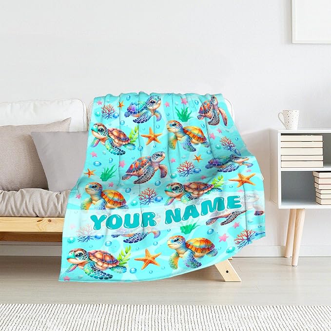 Custom Turtle Throw Blanket for Kids - 50" x 60" Inches Cute Turtle Blanket for Girls - Green Warm Cozy Throws for Couch, Bed & Travel