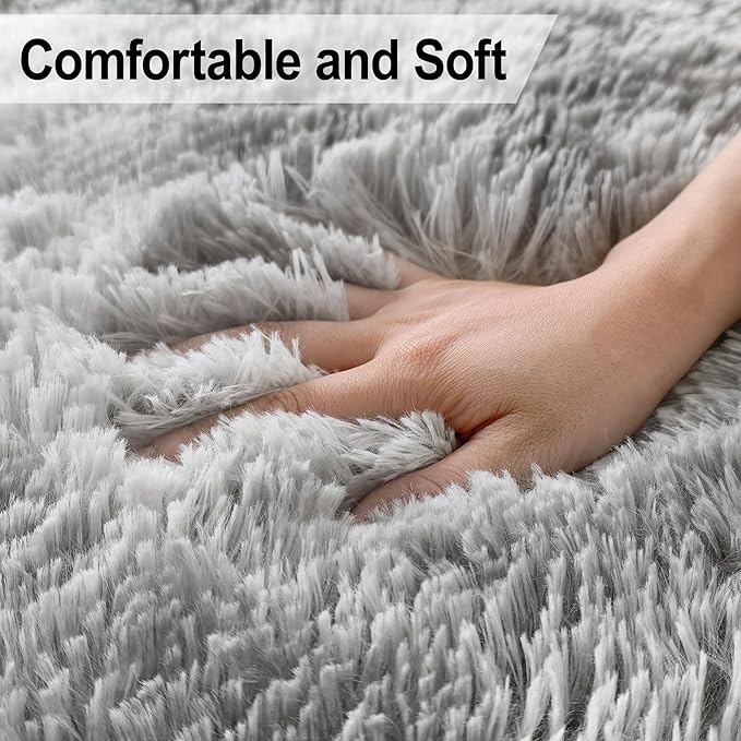 8x10 Area Rugs for Living Room Soft Fluffy Grey and White Rug for Bedroom Under Bed Modern Plush Tie Dyed Gray Shag Carpets Furry Playing Mat for Kids Girls Boys Room Playroom Nursery Dorm