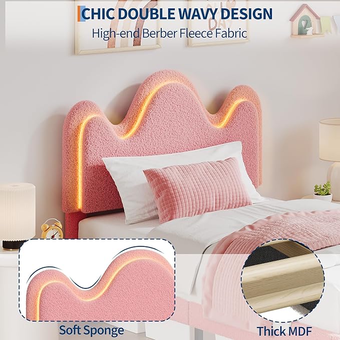 IDEALHOUSE Queen Bed Frame with LED Headboard and Under-Bed Drawer, Metal Upholstered Platform Bed with LED Light for Kids, Girls, Lamb Fleece Fabric, Wooden Slats Support, No Box Spring Needed, Pink