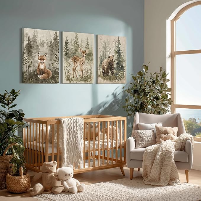 kilamino Framed Woodland Animal Nursery Wall Art, Cute Fox Bear Deer Wall Decor, Neutral Wildlife Animal Art Prints, Funny Nature Forest Animal Canvas Paintings for Baby Room Playroom 16"x24"x3