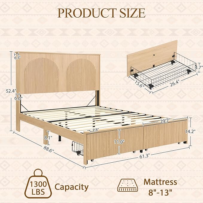XIAOWEI Queen Size Bed Frame with 52.4" Tall Headboard 2 Storage Drawers,Fluted Sturdy Wooden Frame with Underbed Storage,No Box Spring Needed Platform Bed,Easy Assembly Low Profile Bed Frame,Natural