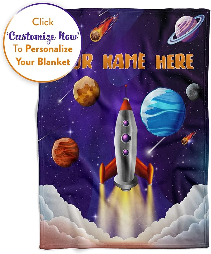 Personalized Rocket Ship Blanket for Kids, Cute Custom Name Throw for Boys and Girls, Fun Outer Space, Galaxy, and Planets, Soft and Plush, Birthday or Christmas, (Fleece 50x60)
