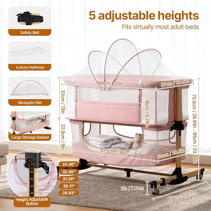 Baby Bassinet Bedside Sleeper, 3-in-1 Bedside Bassinet, 5 Height Adjustable Rocking Baby Crib, Breathable Full Mesh, Mosquito Net, Storage Basket, Stable and Secure Bassinets for Newborn Infant