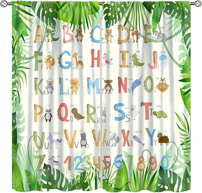 Kids Animal Alphabet Curtain Tropical Plant Alphabet Educational Printed Rod Pocket Blackout Window Drapes for Bedroom Living Room Nursery School 63" W X 63" L