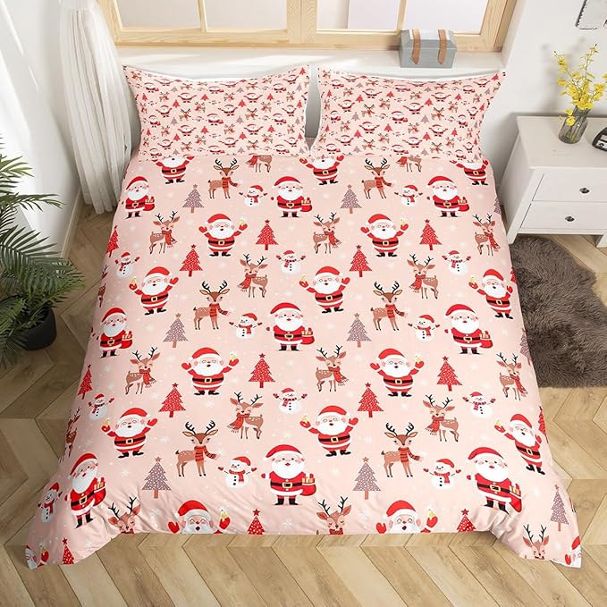 Christmas Kids Bedding Set Santa Claus Bedding Duvet Cover Set for Boys Girls Christmas Tree Deer Decor Comforter Cover Set Snowflake Xmas Theme Bedspread Cover Bedroom Quilt Cover 3Pcs Full Size