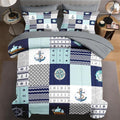 5 Pcs Twin Size Comforter Set with Pillowcase & Sham, Nautical Blue Marine Summer Bedding for Kids and Adults, Sea Ocean Boat Plaid Bed in a Bag with Flat Fitted Sheet