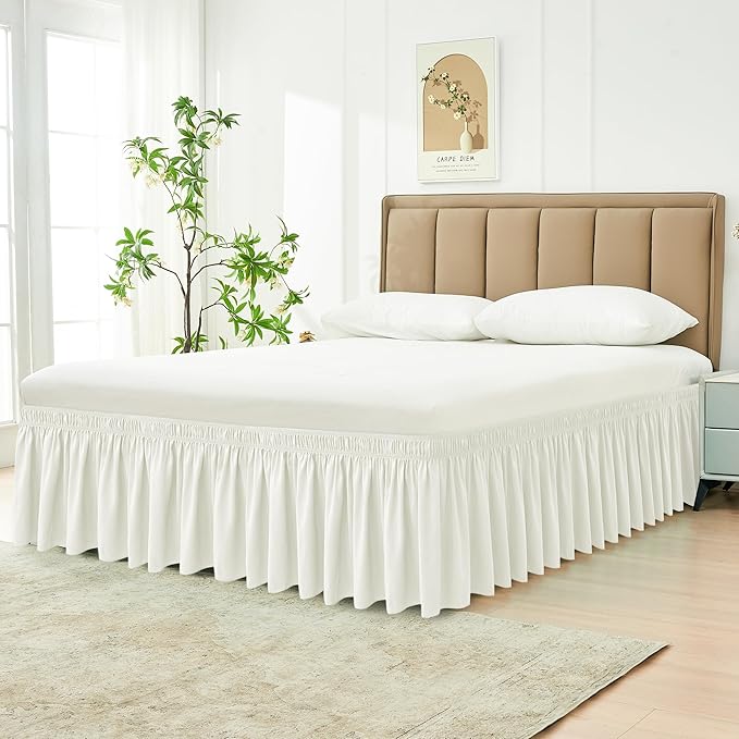 Biscaynebay Wrap Around Bed Skirts for Queen Beds 15" Drop, Ivory Adjustable Elastic Dust Ruffles Easy Fit Wrinkle & Fade Resistant Silky Luxurious Fabric Machine Washable