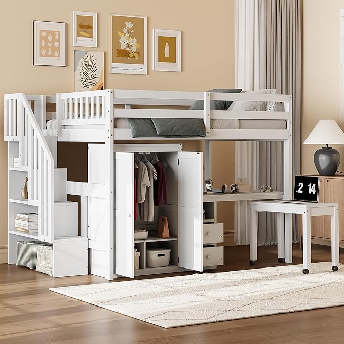 Merax Kids Full Multifunction Loft Bed with Desk/Wardrobe, Wood Storage Loft Bed with Staircase, Bookshelf & Drawers, No Box Spring Needed, Space Saving, White