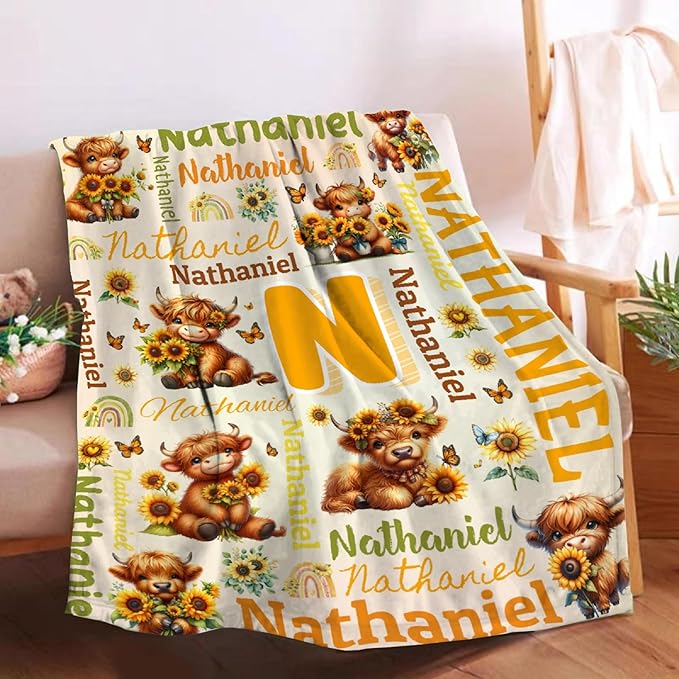 Personalized Custom Sunflower Highland Cow Blanket Gift for Kids Boys Girls with Name - Customized Sunflower Highland Cow Super Soft Flannel Sheets Decor for Crib Nap Couch - 90"x120" for Whole Family